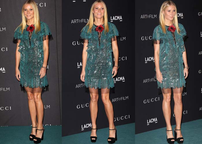 Gwyneth Paltrow dazzles in a teal Gucci ruffled mini dress paired with black ankle-strap platform heels at the LACMA 2015 Art+Film Gala